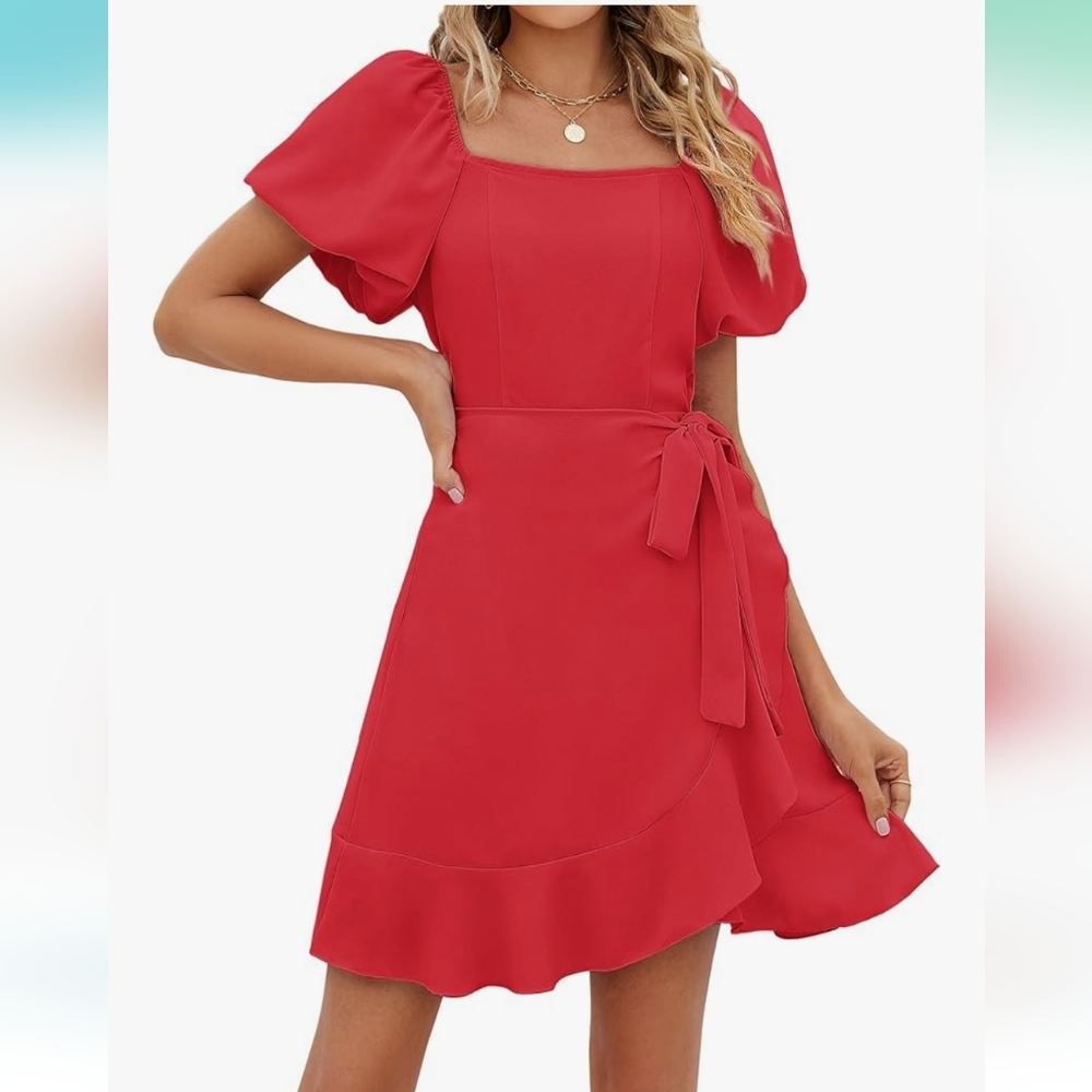 SAMPEEL Womens Square Neck Puff Sleeve Tie Waist Short Dress ~ Red